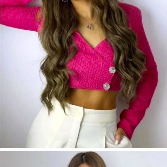 Zara STRUCTURED CROP TOP/Blazer Front Jewel Button Closure Pink Size S NEW - Picture 4 of 4